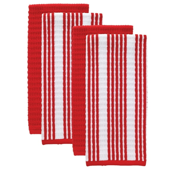 T-Fal Solid & Stripe Premium Kitchen Towels, 4-Pack, Red