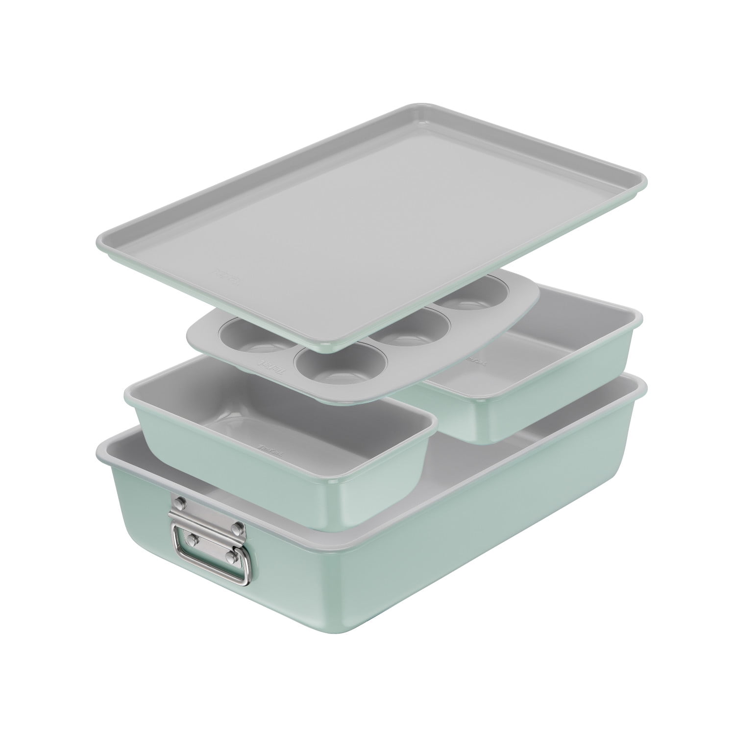 T-fal Stackable Ceramic Non-Stick Bakeware, 5 Piece Set, Mint Green ...