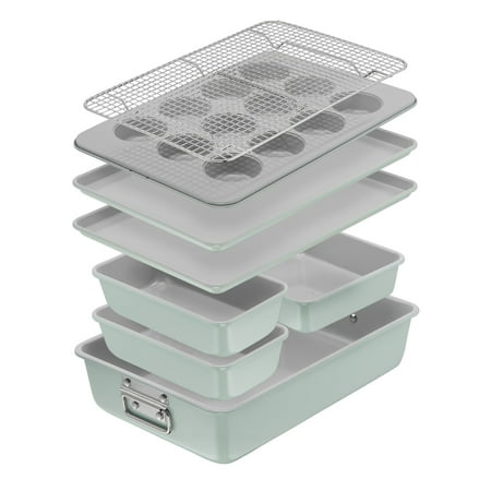 T-fal Stackable Ceramic Bakeware, 8 Piece Nonstick Bakeware Set, Mint Green, Oven Safe 450°F
