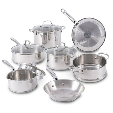 T-fal Stainless Steel Cookware Set, 11 Piece, Induction Cookware, Oven Safe to 500°F, Kitchen Cooking Set w/Fry Pans, Pots and Pans, Dutch Oven, Saucepans, Kitchen Essentials, Silver