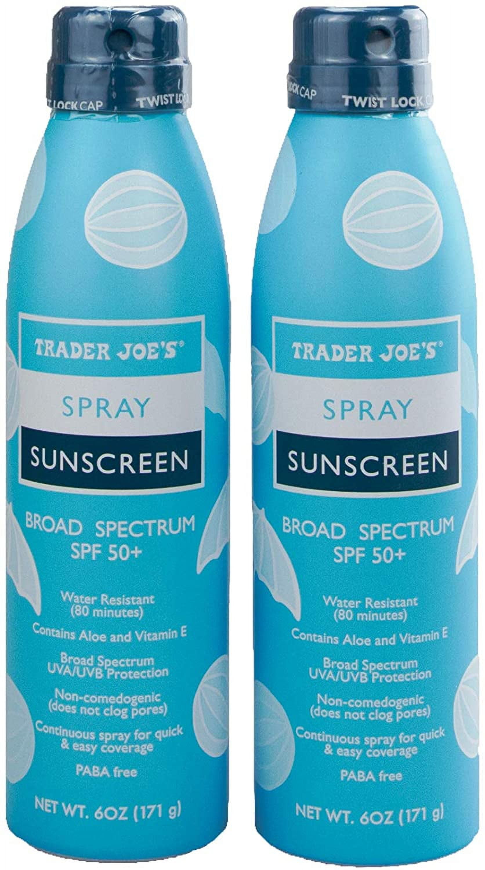T rader Joe"s TJ's Spray Sunscreen Broad Spectrum SPF 50+ Water Resistant 80 min with Aloe and Vitamin E Non-comedogenic PABA-Free, 6oz (2 bottles)