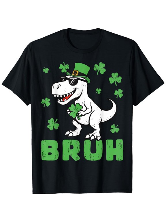 T rex Bruh St Patricks Meme Day Dinosaur Lover Irish Boys Girls T-Shirt, T-Shirt for Kids Youth, 180gsm, 100% Cotton