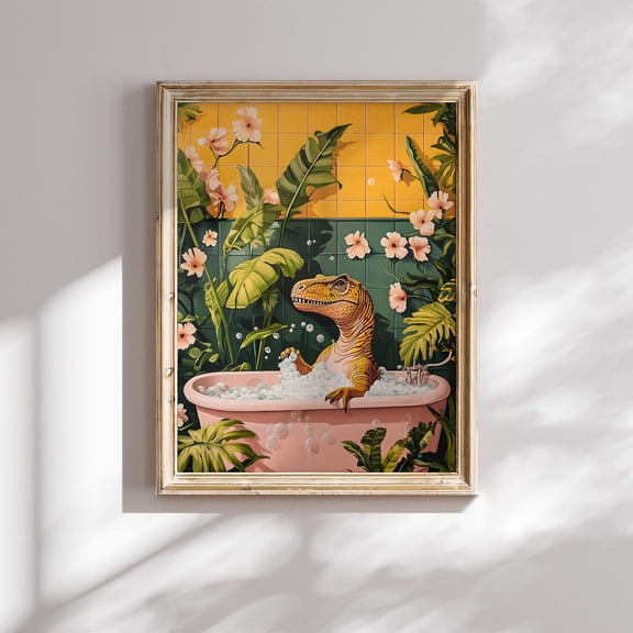 T-rex In Tub Art Print: Fun Dinosaur Bathroom Decor Poster Vintage Style, Poster Only
