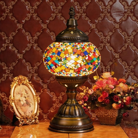 Trkiye Morocco mosaic table lamp, handmade glass bedside night lamp, includes three color adjustable bulbs, metal base, very suitable for bedroom and living room decoration, desk, bedside lamp, etc.