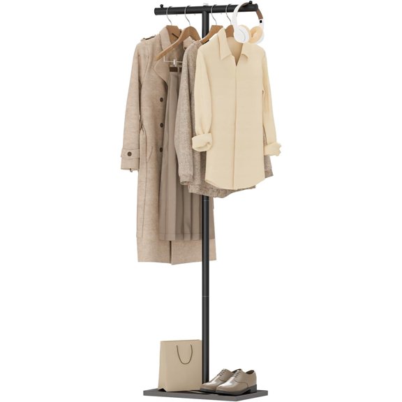 T-shaped Coat Rack Freestanding, Modern Clothes Rack with Rock Slab Base, Heavy-duty Metal Coat Tree for Boutiques, Hallway, Entryway, 68.9 Inches High, Black, GYJ001B