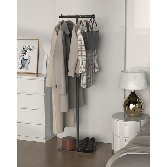 T-shaped Coat Rack Freestanding, Modern Clothes Rack with Rock Slab Base, Heavy-duty Metal Coat Tree for Boutiques, Hallway, Entryway, 68.9 Inches High, Black, GYJ001B