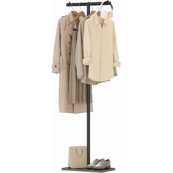 T-shaped Coat Rack Freestanding, Modern Clothes Rack with Rock Slab Base, Heavy-duty Metal Coat Tree for Boutiques, Hallway, Entryway, 68.9 Inches High, Black, GYJ001B