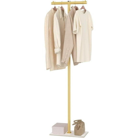 T-shaped Coat Rack Freestanding, Modern Clothes Rack with Rock Slab Base, Heavy-duty Metal Coat Tree for Boutiques, Hallway, Entryway, 68.9 Inches High, Golden Yellow