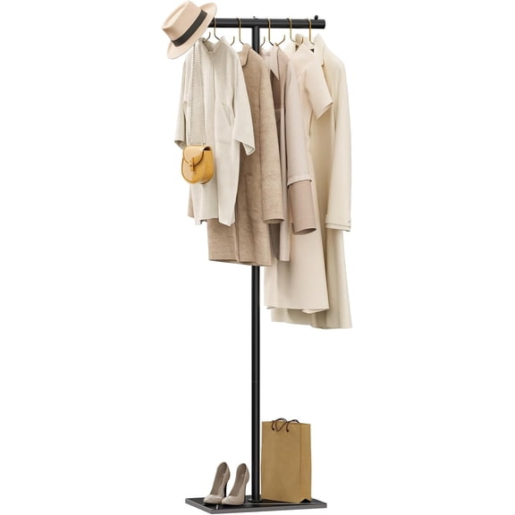T-shaped Coat Rack Freestanding, Modern Clothes Rack with Rock Slab Base, Heavy-duty Metal Coat Tree for Boutiques, Hallway, Entryway, 68.9 Inches High, Black