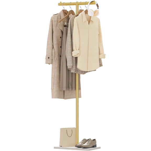 T-shaped Coat Rack Freestanding, Modern Clothes Rack with Rock Slab Base, Heavy-duty Metal Coat Tree for Boutiques, Hallway, Entryway, 68.9 Inches High, Golden Yellow, GYJ001WJ