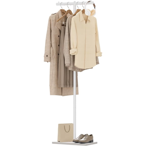 T-shaped Coat Rack Freestanding, Modern Clothes Rack with Rock Slab Base, Heavy-duty Metal Coat Tree for Boutiques, Hallway, Entryway, 68.9 Inches High, White, GYJ001W