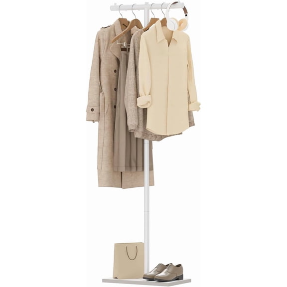 T-shaped Coat Rack Freestanding, Modern Clothes Rack with Rock Slab Base, Heavy-duty Metal Coat Tree for Boutiques, Hallway, Entryway, 68.9 Inches High, White, GYJ001W