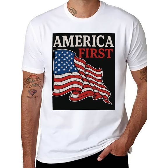 T-shirt America First Soft Cotton Adult Heat-Transfer Graphic T-Shirt - 180g Breathable Fabric, Unisex Summer Casual Wear with Durable Heat-Printed Design
