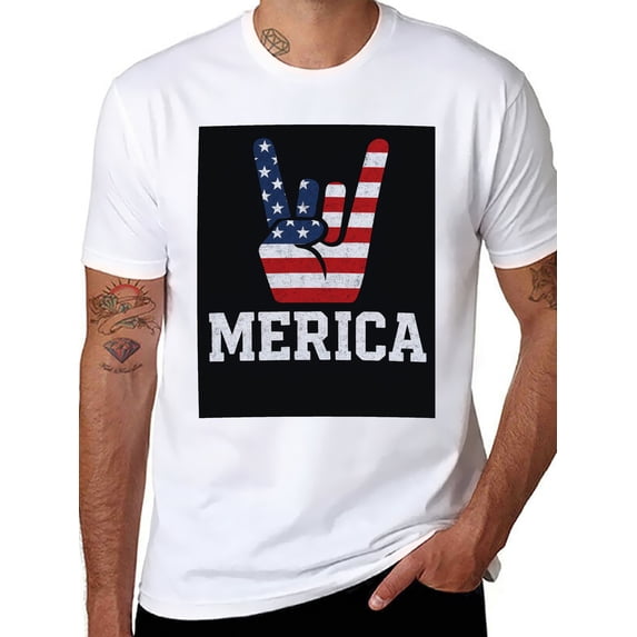 T-shirt American Flag Gestures Soft Cotton Adult Heat-Transfer Graphic T-Shirt - 180g Breathable Fabric, Unisex Summer Casual Wear with Durable Heat-Printed Design