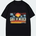 thumbnail image 1 of T-shirt Black Gulf Of Mexico Sunset Palm Trees And Birds Graphic Print Est 1550 Beach Vacation Travel Casual Wear, 1 of 4