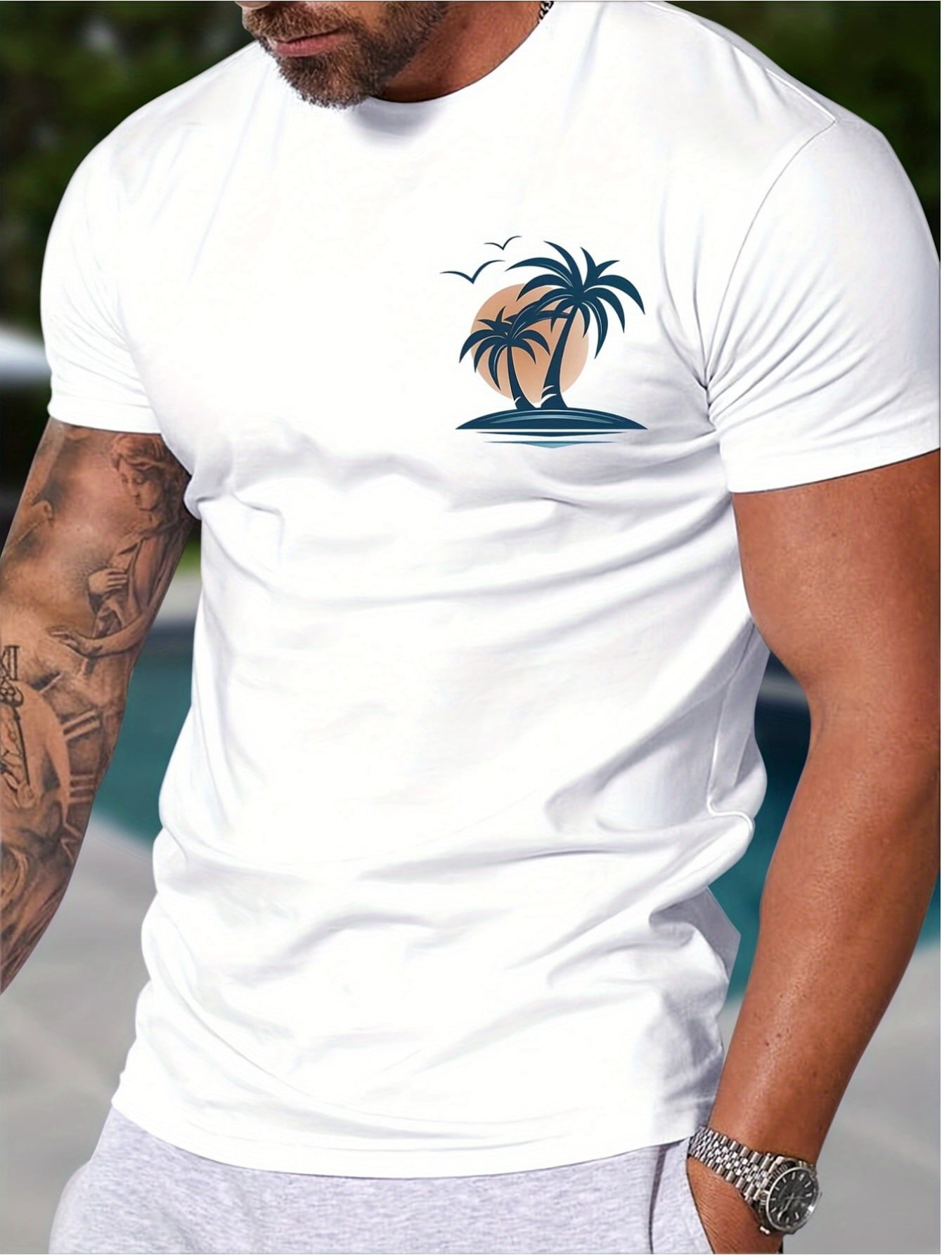 T-shirt Coconut tree pattern T-shirt Men's casual style summer autumn ...