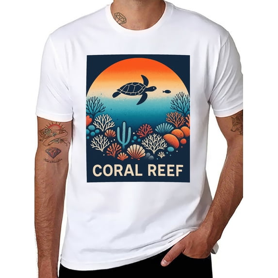 T-shirt Coral Reef Soft Cotton Adult Heat-Transfer Graphic T-Shirt - 180g Breathable Fabric, Unisex Summer Casual Wear with Durable Heat-Printed Design