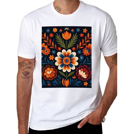 T-shirt Geometric Flowers Soft Cotton Adult Heat-Transfer Graphic T-Shirt - 180g Breathable Fabric, Unisex Summer Casual Wear with Durable Heat-Printed Design