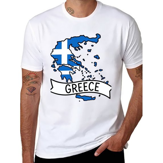 T-shirt Greece Map Soft Cotton Adult Heat-Transfer Graphic T-Shirt - 180g Breathable Fabric, Unisex Summer Casual Wear with Durable Heat-Printed Design