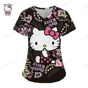 T-shirt Hello Kitty T-shirts Nurse Uniform Pocket Hello Kitty V Neck Woman Clothes Tops Hospital Top Women 2023 Uniform Neck Gift