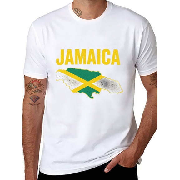 T-shirt Jamaica Map Flag Contour  Soft Cotton Adult Heat-Transfer Graphic T-Shirt - 180g Breathable Fabric, Unisex Summer Casual Wear with Durable Heat-Printed Design