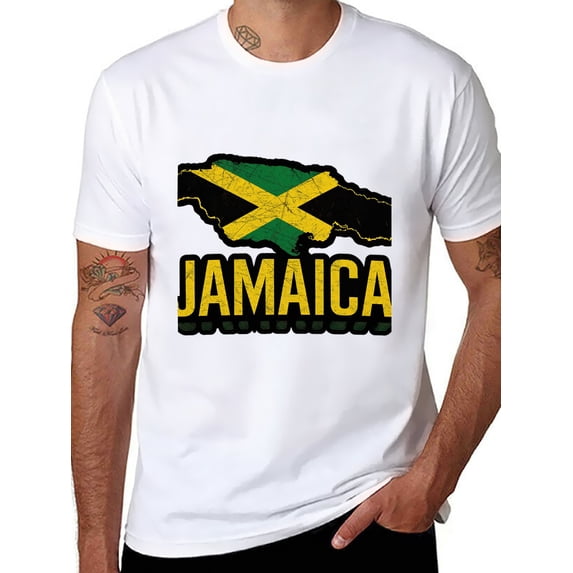 T-shirt Jamaica Map Outline Soft Cotton Adult Heat-Transfer Graphic T-Shirt - 180g Breathable Fabric, Unisex Summer Casual Wear with Durable Heat-Printed Design