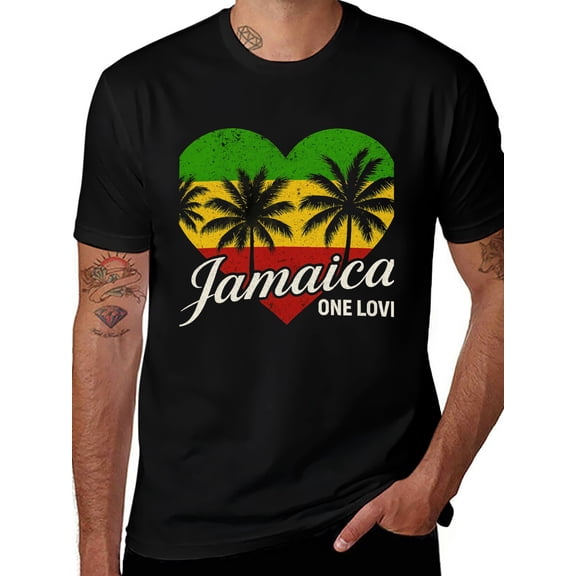 T-shirt Jamaican Hearts  Soft Cotton Adult Heat-Transfer Graphic T-Shirt - 180g Breathable Fabric, Unisex Summer Casual Wear with Durable Heat-Printed Design