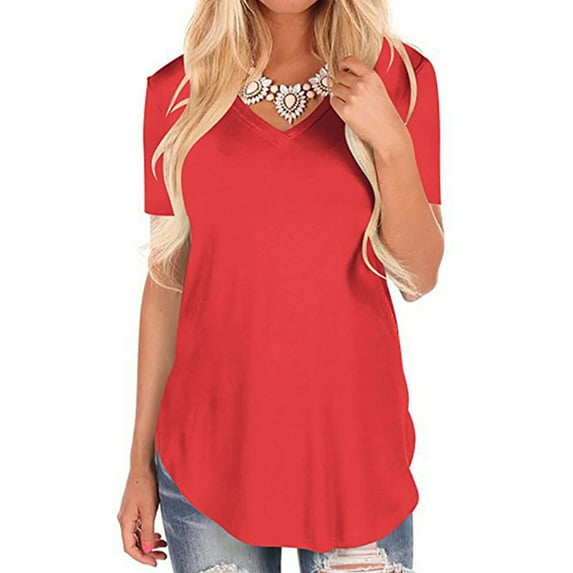 T-shirt Tops for Women Casual Loose V Neck Tunic Blouse Swallowtail Hem Fashion Short Sleeve Basic Tee Ladies Oversized Beach Dailywear T Shirts