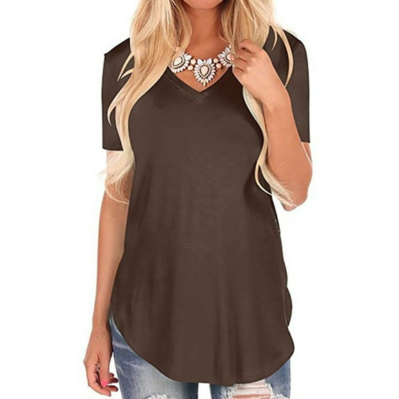 T-shirt Tops for Women Casual Loose V Neck Tunic Blouse Swallowtail Hem Fashion Short Sleeve Basic Tee Ladies Oversized Beach Dailywear T Shirts