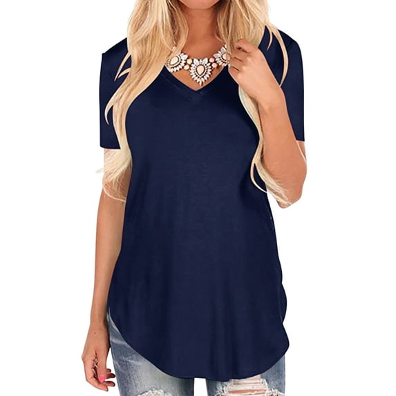 T-shirt Tops for Women Casual Loose V Neck Tunic Blouse Swallowtail Hem Fashion Short Sleeve Basic Tee Ladies Oversized Beach Dailywear T Shirts