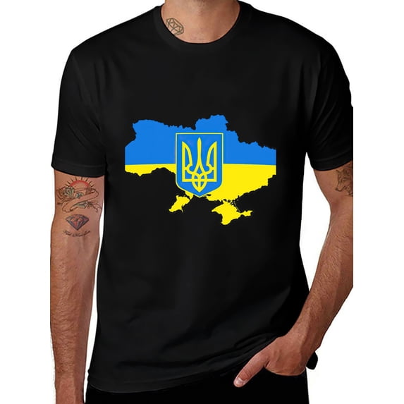 T-shirt Ukraine Map National Emblem Soft Cotton Adult Heat-Transfer Graphic T-Shirt - 180g Breathable Fabric, Unisex Summer Casual Wear with Durable Heat-Printed Design