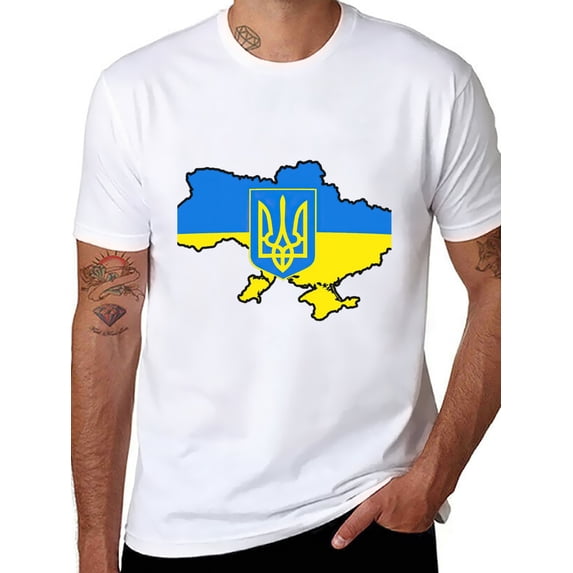 T-shirt Ukraine Map National Emblem Soft Cotton Adult Heat-Transfer Graphic T-Shirt - 180g Breathable Fabric, Unisex Summer Casual Wear with Durable Heat-Printed Design