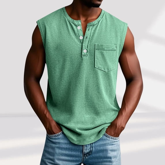 T-shirt for Men Plus Size Sleeveless Lapel Pocket Hook Button Buckle Casual Solid Color Top Mint Green XL