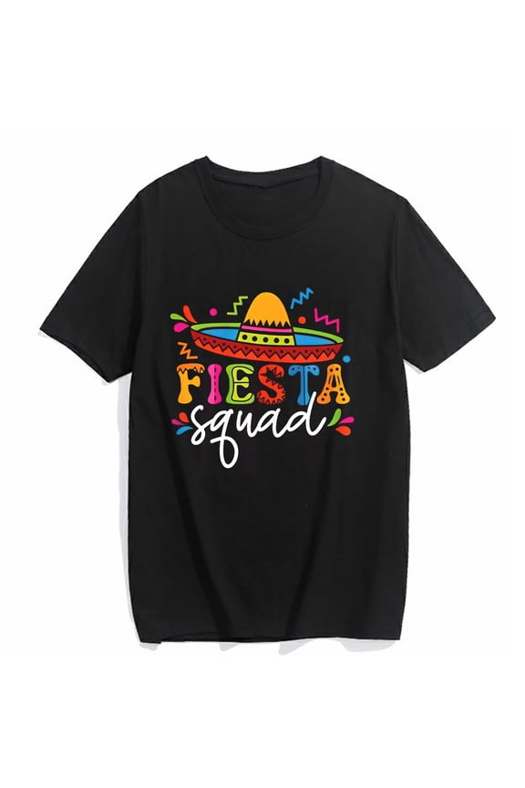 T-shirt for Women Fiesta Squad Cinco De Mayo Mexican Sombrero Group Family Casual Summer Short Sleeve Top Black Large
