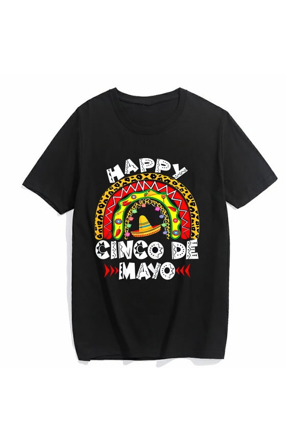 T-shirt for Women Happy Cinco De Mayo Rainbow Mexican Fiesta Casual Summer Short Sleeve Top Black Medium