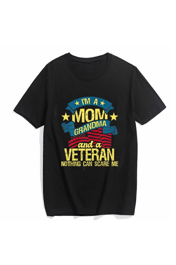 T-shirt for Women I'm A Mom Grandma And A Veteran Patriotic American Flag Short Sleeve O-neck Top Black Medium