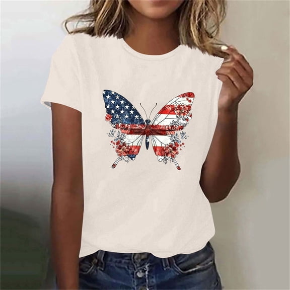 T-shirt for Women Independence Day Printed Short Sleeved Round Neck Casual Top Beige M