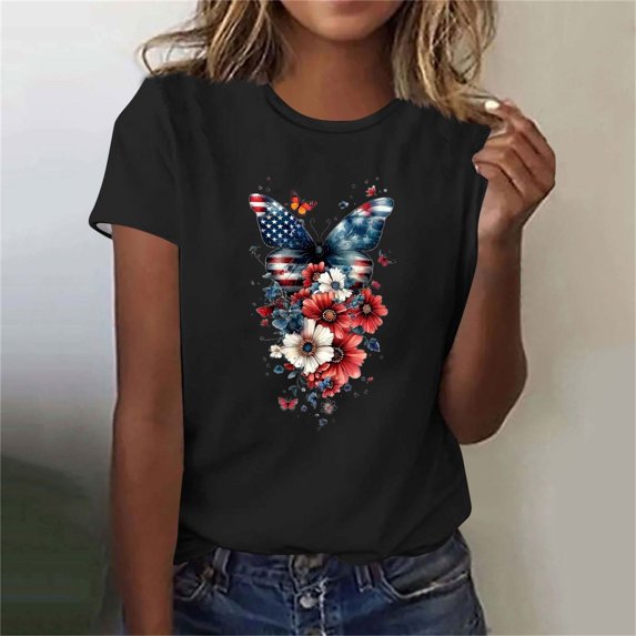 T-shirt for Women Independence Day Printed Short Sleeved Round Neck Casual Top Black M