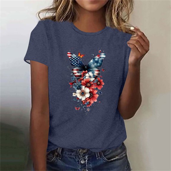 T-shirt for Women Independence Day Printed Short Sleeved Round Neck Casual Top Navy M