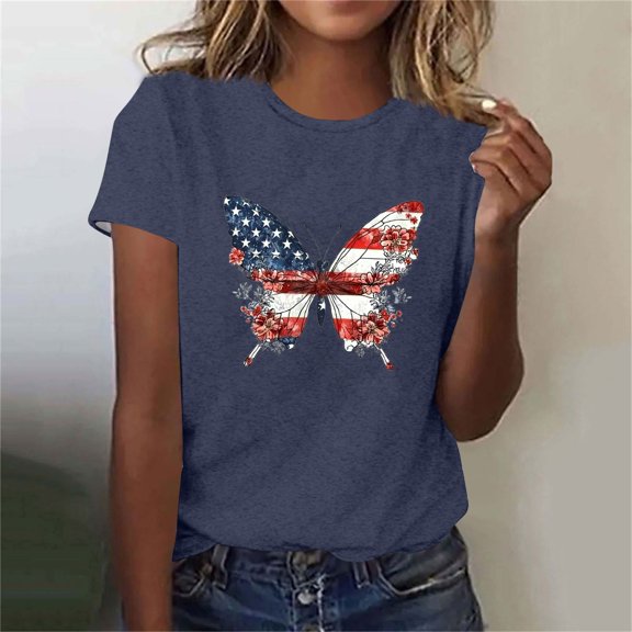 T-shirt for Women Independence Day Printed Short Sleeved Round Neck Casual Top Navy M