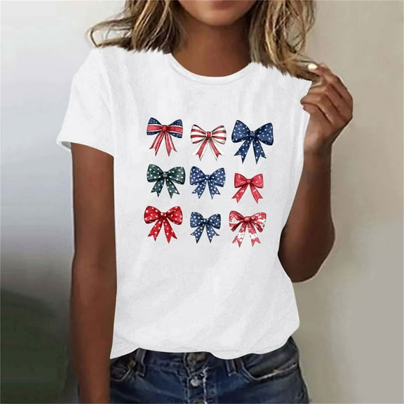 T-shirt for Women Independence Day Printed Short Sleeved Round Neck Casual Top White M