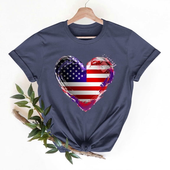 T-shirt for Women Independence Day Short Sleeve Round Neck Summer Tunic Solid Color Loose Tees Shirts Dark Blue M