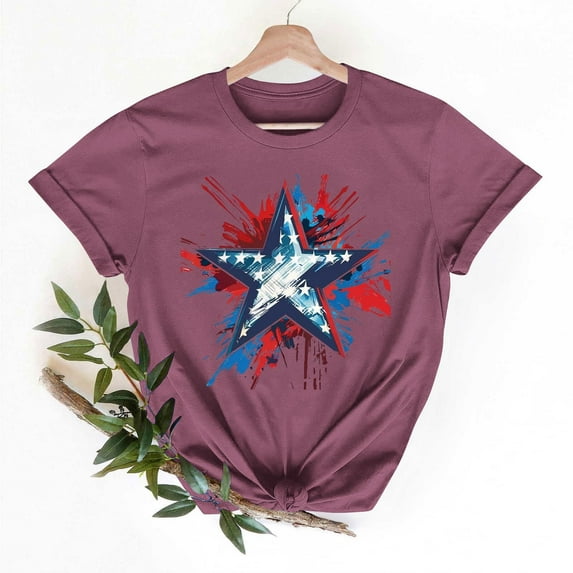 T-shirt for Women Independence Day Short Sleeve Round Neck Summer Tunic Solid Color Loose Tees Shirts Red M