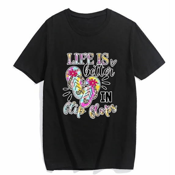 T-shirt for Women Life Is Better In Flip Flops Shirt, Beach Shirt, Summer Shirt, Summer Vacation Short Sleeve Top Black X-Large
