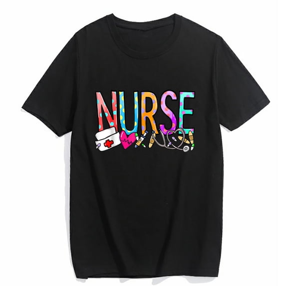 T-shirt for Women Nurse's Day Nurse Life Nurse Week Casual Short Sleeve O Neck Top Black 2X-Large