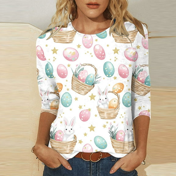 T-shirt for Women Plus Size 3/4 Sleeve Easter Egg Bunny Print Round Neck Casual T-shirt Purple XXL