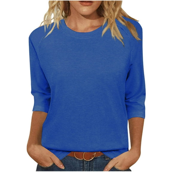 T-shirt for Women Plus Size 3/4 Sleeve Round Neck Solid Color Casual T-shirt Blue XXL