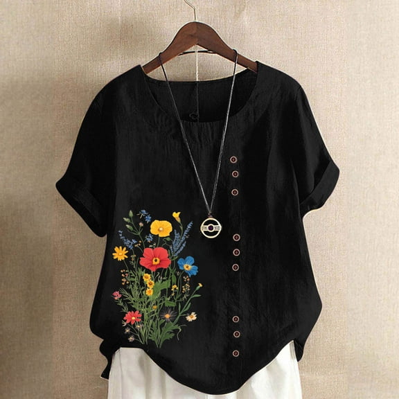 T-shirt for Women Plus Size Short Sleeve Button Floral Print Casual T-shirt Blouse Black XXL