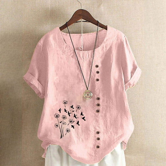 T-shirt for Women Plus Size Short Sleeve Button Round Neck Casual Floral Printed T-shirt Blouse Pink XXL