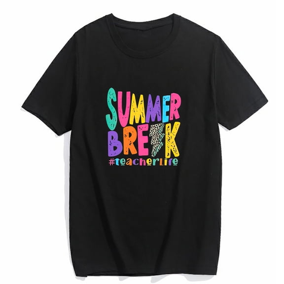 T-shirt for Women Summer Break Teacher T Shirt, Last Day of School, Hello Summer Short Sleeve Top Black Large